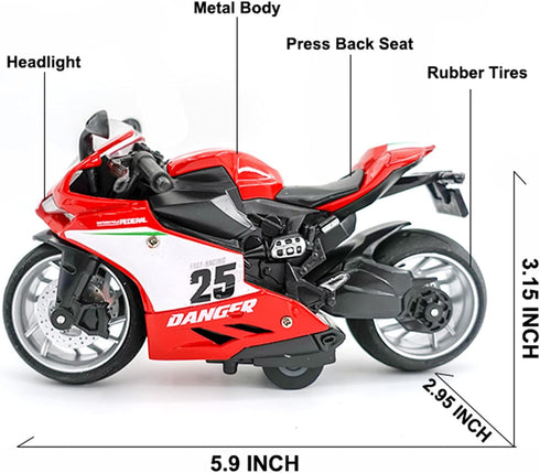 Pull Back Motorcycle Toys with Music Light - Race Motorcycles Gift for Boys 3-8 Years Old (RedWhite)