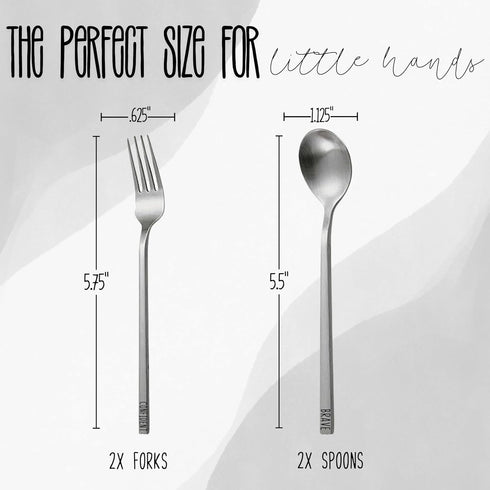 Emotions Utensil Set for Kids (4pcs) Stainless Steel Engraved with Motivational Words to Encourage Eating | Ages 2+ | Child Flatware Cutlery Set | Valentine's Day Gift for Toddlers and Kids by YOU + ME babe