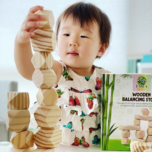 Panda Brothers Wooden Balancing Stones - 20 Large Size Montessori Toys for 3-5 Year Old Kids, Learning Sensory Toy