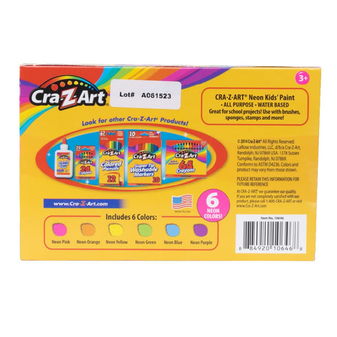 Cra-Z-Art 6 Colors Neon Washable Kids Paint Set, 2oz Jars