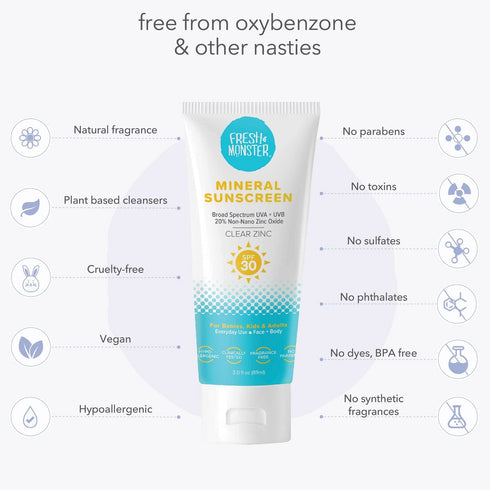 Fresh Monster Daily Kids Sunscreen, SPF 30, Clear Non-Nano Zinc Oxide, Reef Safe, Hypoallergenic for Kids