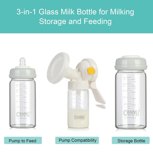 8oz (4 COMI Wide Neck Glass Breastmilk Collection n Storage Bottle, with Screw Ring Sealing Disk; Re-markable Sealing