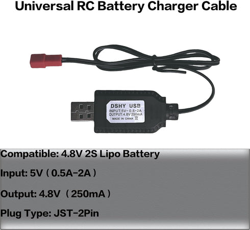 4.8V USB Charger Cable with JST 2 Pin Plug for RC Car Plane Tank Boat and Other Remote Control Toys
