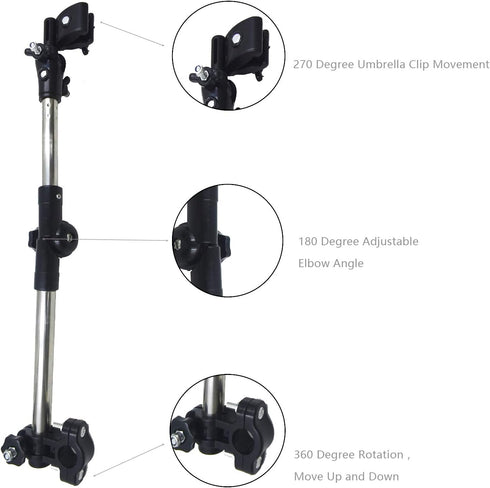 180° Adjustable Umbrella Holder for Stroller, Universal Mount for Baby Stroller, Wheelchair, Walker, Hole Diameter