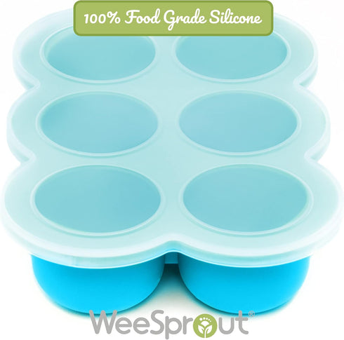 WeeSprout Silicone Freezer Tray with Clip on Lid - Perfect Food Storage Container for Homemade Baby Food, Bright Blue