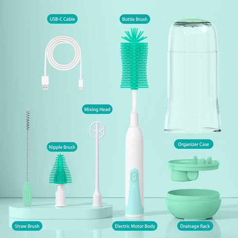 Electric Bottle Brush Cleaner, Portable Rechargeable Baby Bottle Cleaner Kit for Travel with Silicone Nipple & Straw