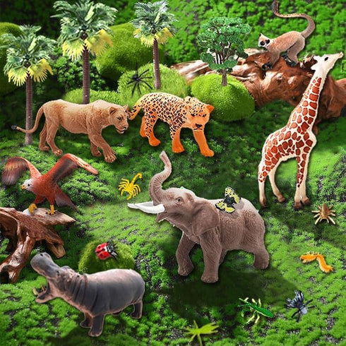 QuarenDen 49Pcs Rainforest Figures, Model Scenery Kit, Jungle Animals Figures, Model Trees and Animals, Boys and Girls
