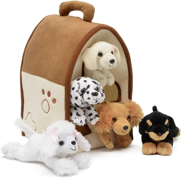 Plush Dog House with Five (5) Stuffed Animal Dogs (Dalmation, Yellow Lab, Rottweiler, Poodle, Cocker Spaniel)