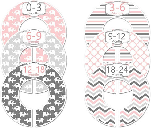 C97 Baby Closety Dividers, Girl Pink Nursery Clothes Hanger Size Dividers, Organizer Elephant Gray, Set of 6