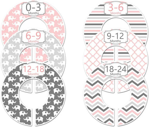 C97 Baby Closety Dividers, Girl Pink Nursery Clothes Hanger Size Dividers, Organizer Elephant Gray, Set of 6
