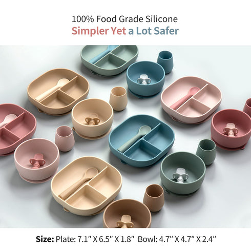 Set, 6+ SAMiGO Silicone Baby Feeding Baby Led Weaning Supplies, Suction Bowl Plate Bib Cup Self Feeding Spoons, Solid