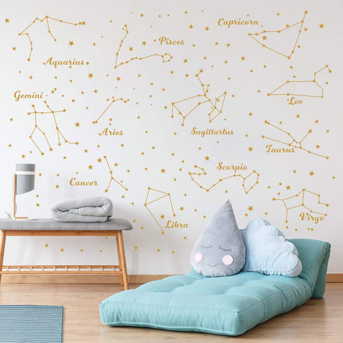 Constellation Wall Decal, Twelve Constellations Stars Wall Stickers for Nursery Room Zodiac Art Mural Decoration (Gold)