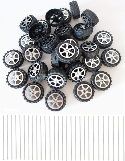 30 Pcs Plastic Roll 2mm Dia Shaft Toys Car Wheel with 15 Pcs Shaft Round Rod Axles for DIY Projects