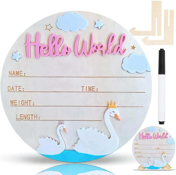 Generic Baby Announcement Sign,Personalized Wooden 5.9inch Hello World Newborn Sign,Birth Name Announcement,3D Pattern,Boys