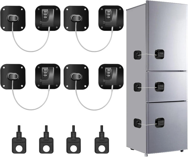 4PCS Self-Adhesive Refrigerator Lock Combination, Child Safety Locks for Kitchen Freezer Door with Password (Black)