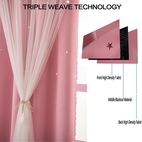 52W 63L,2 Pink Curtains for Girls Bedroom Kids Baby Room Decor Cute Double Layer Star Cutout Curtain Room Darkening