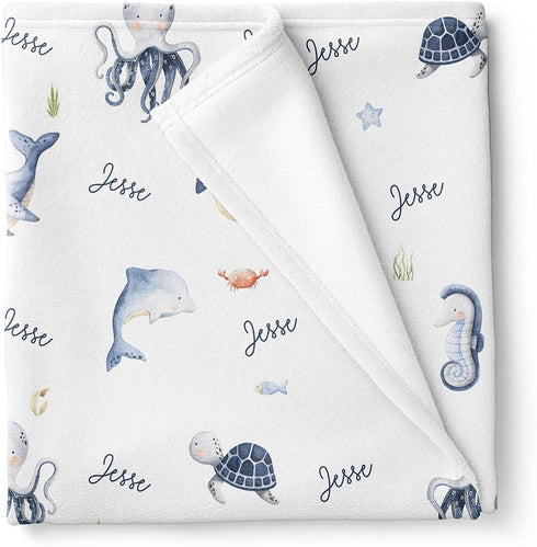 Stork Wares Under The Sea Personalized Unisex Baby Swaddle Blanket White 30x40inch BB349