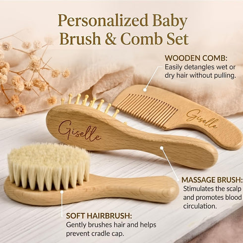 Set 3 Custom Engraved Wooden Baby Hair Brush and Comb - Pieces