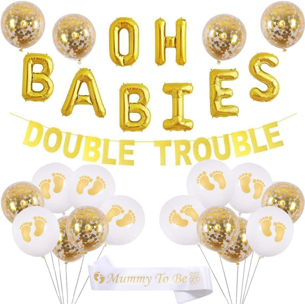 JOYMEMO Twins Baby Shower Decorations Set, Gold Theme, Double Trouble Banner, OH BABIES Balloons