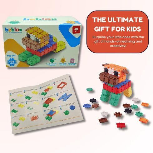 Set 128-Piece 4+ Beblox Building Blocks for Kids - Dog - Connecting Tiles - Interlocking Building Blocks for Kids, STEM