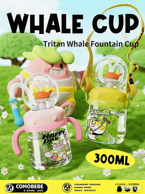 10oz/300ml 1-3,Kids Comobebe Whale Fountain Cup for Kids Toddlers: Spill Proof Toddler Sippy,Straw Cup with Handle