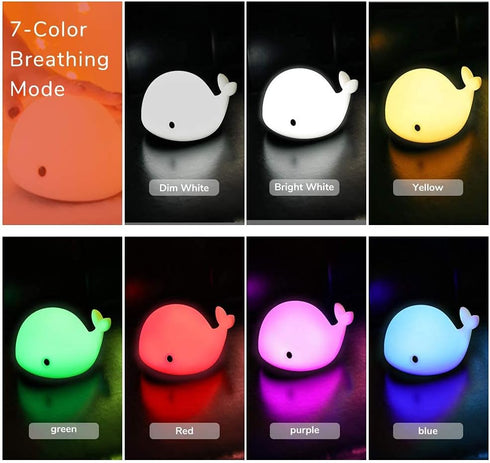 OURRY 7 Cute Whale Night Light for Kids,Kawaii Baby Night Light with LED Colors Changing,Tap Control Nursery Squishy