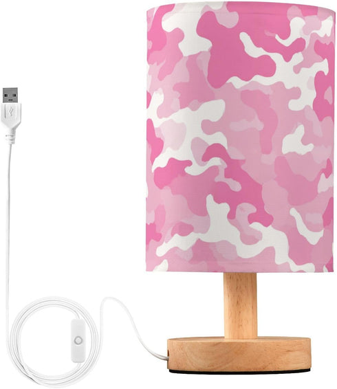 Vdsrup Table Lamp Pink White Camo Nightstand lamp Fabric Lamps with Wood Base