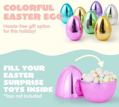 6 6 Inches JOYIN Pcs Large Metallic Easter Eggs, Colorful Jumbo Plastic Eggs Fillable for Easter Themed Hunt Basket
