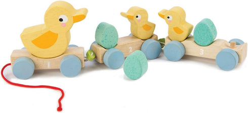 Tender Leaf Toys Pull Along Ducks - Classic Wooden Toy, 9pc Duck Family Set with Mother Duck, Baby Ducks, Eggs, Cars,