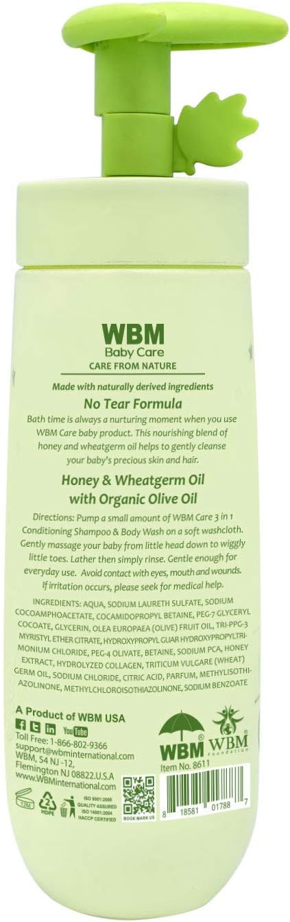 Care 3 in 1 Baby Shampoo with Honey, Wheatgerm and Organic Olive Oil-Nourishes Baby Hair with No Tear Formula | 10 Oz