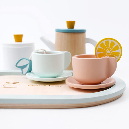 Set Set PairPear Wooden Tea for Little Girls, Wooden Toys Toddler Tea Play Kitchen Accessories for Kids Tea Party