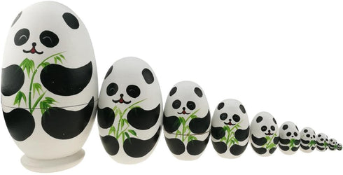 Cute Animal Theme Black and White Panda Egg Shape Wooden Nesting Dolls Set - 10 Pieces for Kids Toy