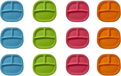 US Acrylic Harmony 3-Compartment Kids Tray Set of 12 - 4 Calypso Colors, BPA-Free, Dishwasher Safe