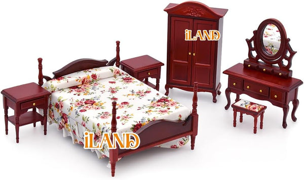 iLAND Wooden Dollhouse Furniture, 1/12 Scale Bedroom Set in Mahogany Color, 6pcs