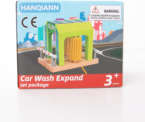 HANQIANN Pack Set,Wooden 3 Wooden Car Wash Station with Train Truck,Expansion Compatible with Railway Train Toy Train