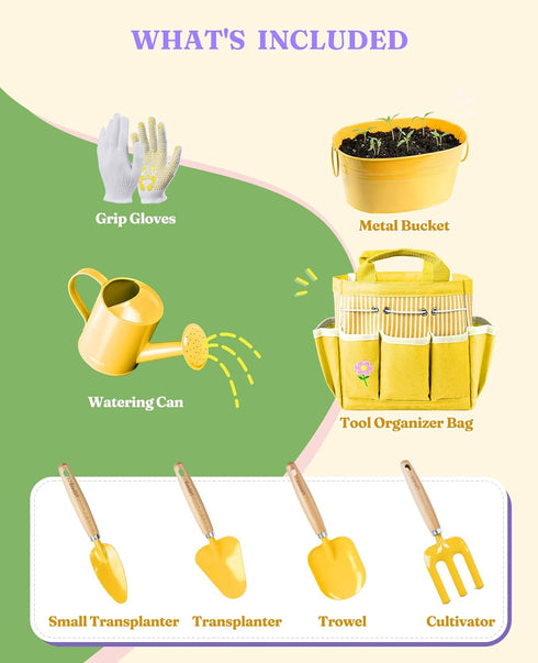 Floraxa 8Pcs Set 3 Kids Gardening with Metal Basket & Real Metal Tools, STEM Outdoor Kit, Ergonomic Wooden Handles