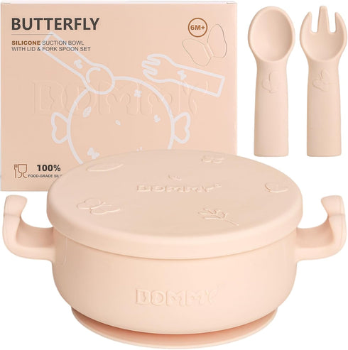 Butterfly Baby Feeding Set - Suction Bowl with Spoon & Fork, Baby Led Weaning Supplies, Toddler Utensils, Pink