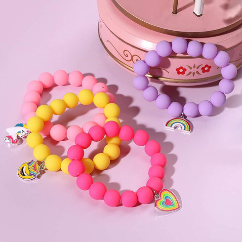 PinkSheep Unicorn Beads Pendant Bracelet for Kid Girl, 6PC Rainbow Friendship Gift