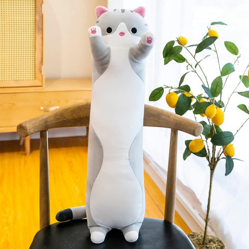 Lonng Gray Cat Plush Pillow Toy, Cute Cartoon Cat Stuffed Animals, Soft Long Body Pillow Gift for Kids (19.68in)