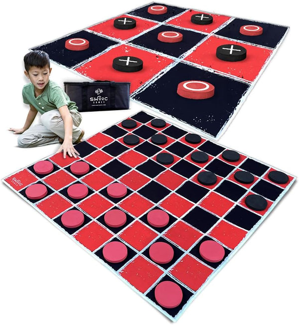 SWOOC Games 2-in-1 Vintage Giant Checkers & Tic Tac Toe Game with Mat, 100% Machine-Washable Canvas