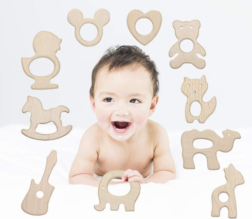 Baby Teething Toys - Penta Angel 10Pcs Natural Wooden Teething Animal Rings for Newborns