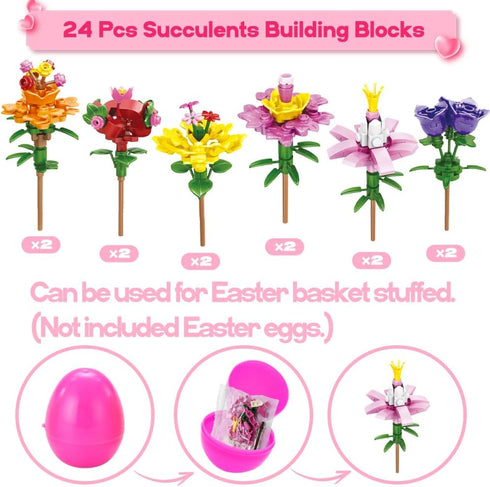 UMEELR 24 Packs Flowers Building Blocks, DIY Flower Pre Filled Easter Egg Surprise Toys for Basket Stuffers Classroom