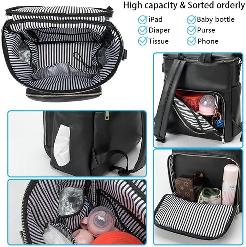 RSENFREMIOR Backpack Large Diaper Bag with USB Port, Vegan Leather Diaper Tote, Hospital Bag for Labor, Stroller