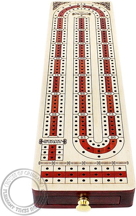 Continuous Cribbage Board with Alphabet e Shape Inlaid in Maple and Bloodwood, 12.4" - 3 Tracks, Storage Drawer for