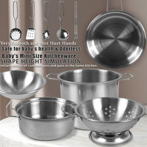 Mini Kids Stainless Steel Cookware Kitchen Toys - Pretend Utensils with Play Pots and Pans Set