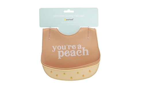 Pearhead Silicone Bib Set of 2 - Dishwasher Safe Bibs with Food Catcher, Earth Tone Baby Feeding Accessory