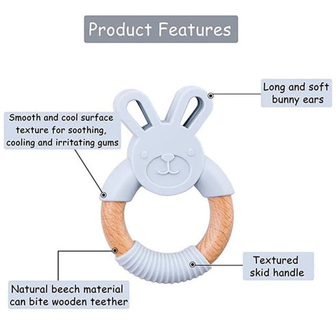 Personalized Wooden Bunny Silicone Teething Ring, Custom Engraved Bunny Silicone Teether with Name Teething Toys