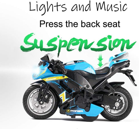 Pull Back Motorcycle Toys, Tiny Gift with Music Lighting, Race Motorcycles Toy for Kids Age 3-8 (Blue)