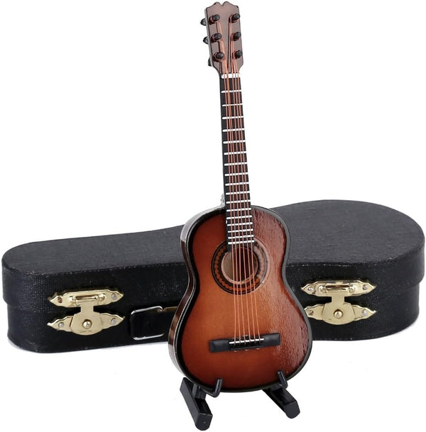 Dselvgvu Wooden Miniature Guitar with Stand and Case Mini Musical Instrument Classic Guitar