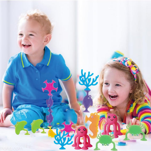 UMBWORLD 9 3 Suction Bath Toys for Kids, PCS Silicone Ocean Animal Suction Cup Toys, Mold Free No Hole Bathtub Toy